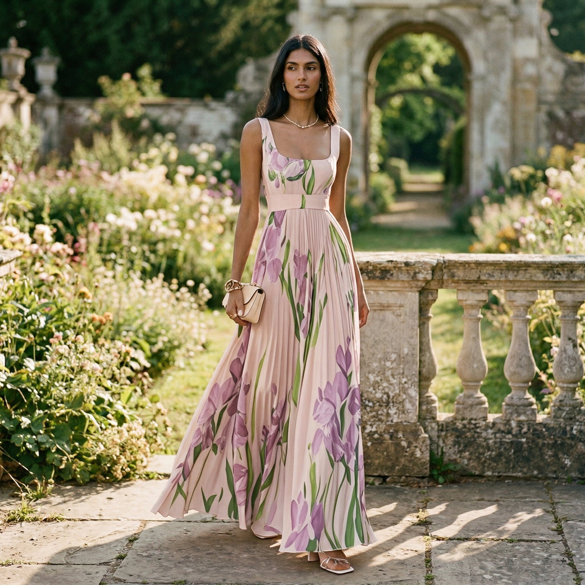 Ärmelloses Maxikleid mit Blumenmuster und Faltenwurf für Damen-Maxi Dress-Alpenkind
