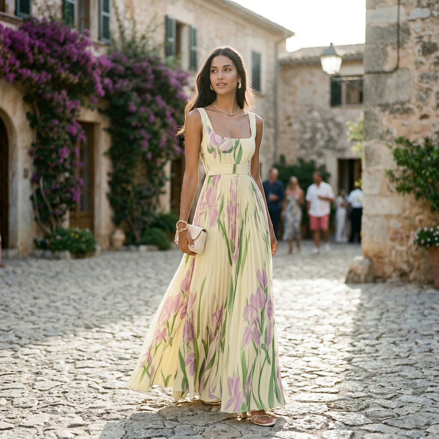 Ärmelloses Maxikleid mit Blumenmuster und Faltenwurf für Damen-Maxi Dress-Alpenkind