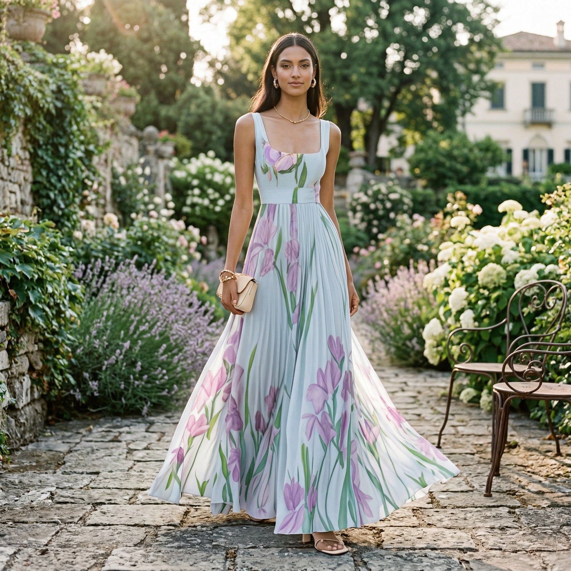 Ärmelloses Maxikleid mit Blumenmuster und Faltenwurf für Damen-Maxi Dress-Alpenkind