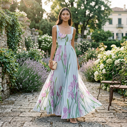 Ärmelloses Maxikleid mit Blumenmuster und Faltenwurf für Damen-Maxi Dress-Alpenkind