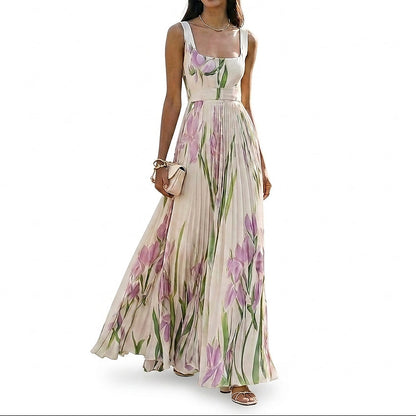 Ärmelloses Maxikleid mit Blumenmuster und Faltenwurf für Damen-Maxi Dress-Alpenkind