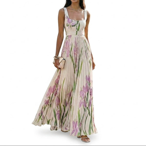 Ärmelloses Maxikleid mit Blumenmuster und Faltenwurf für Damen-Maxi Dress-Alpenkind