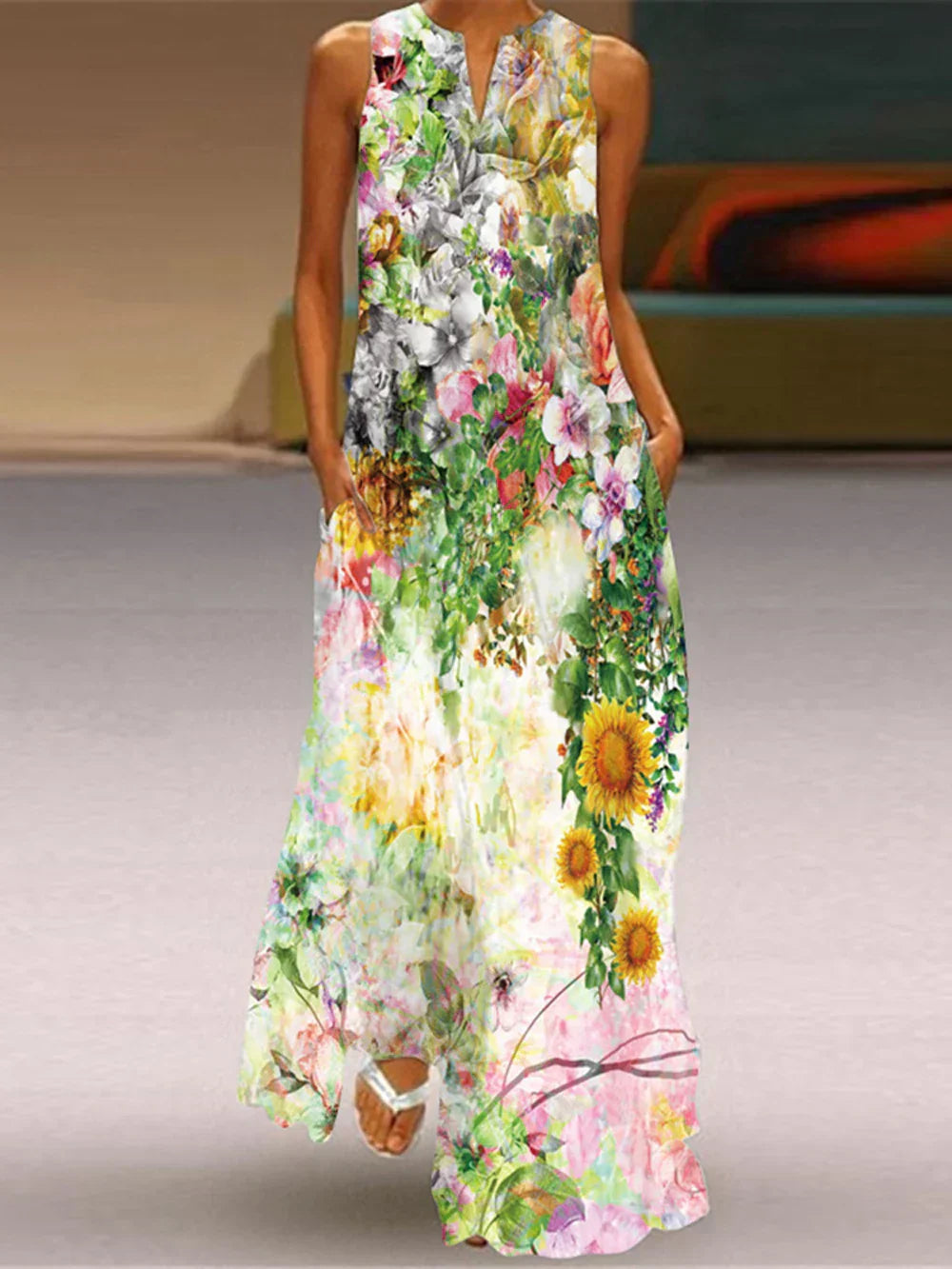 Ärmelloses Maxikleid mit Schmetterlingsdruck für Damen-Maxi Dress-Alpenkind