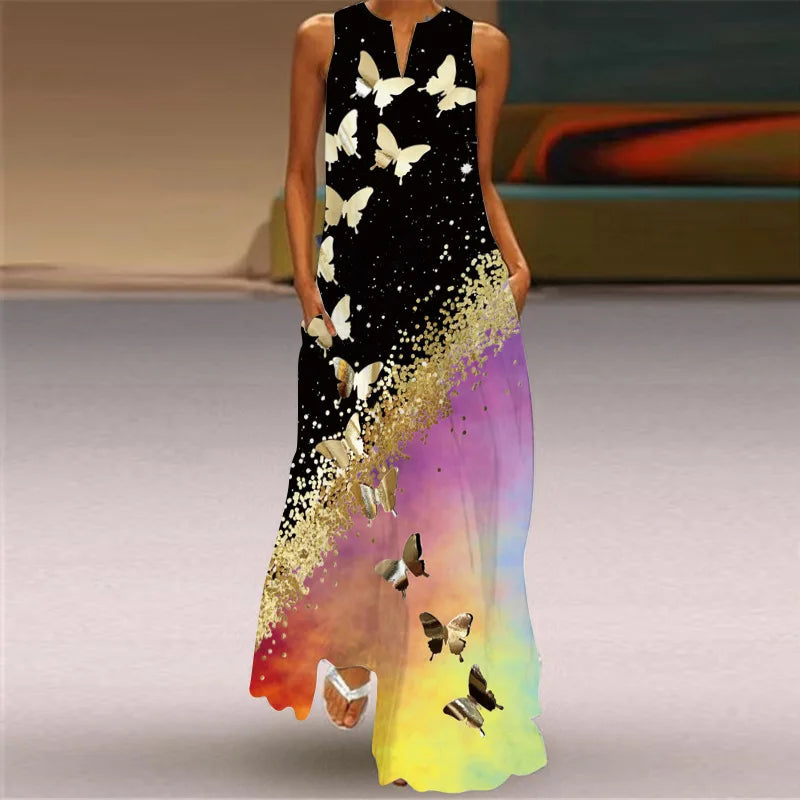 Ärmelloses Maxikleid mit Schmetterlingsdruck für Damen-Maxi Dress-Alpenkind