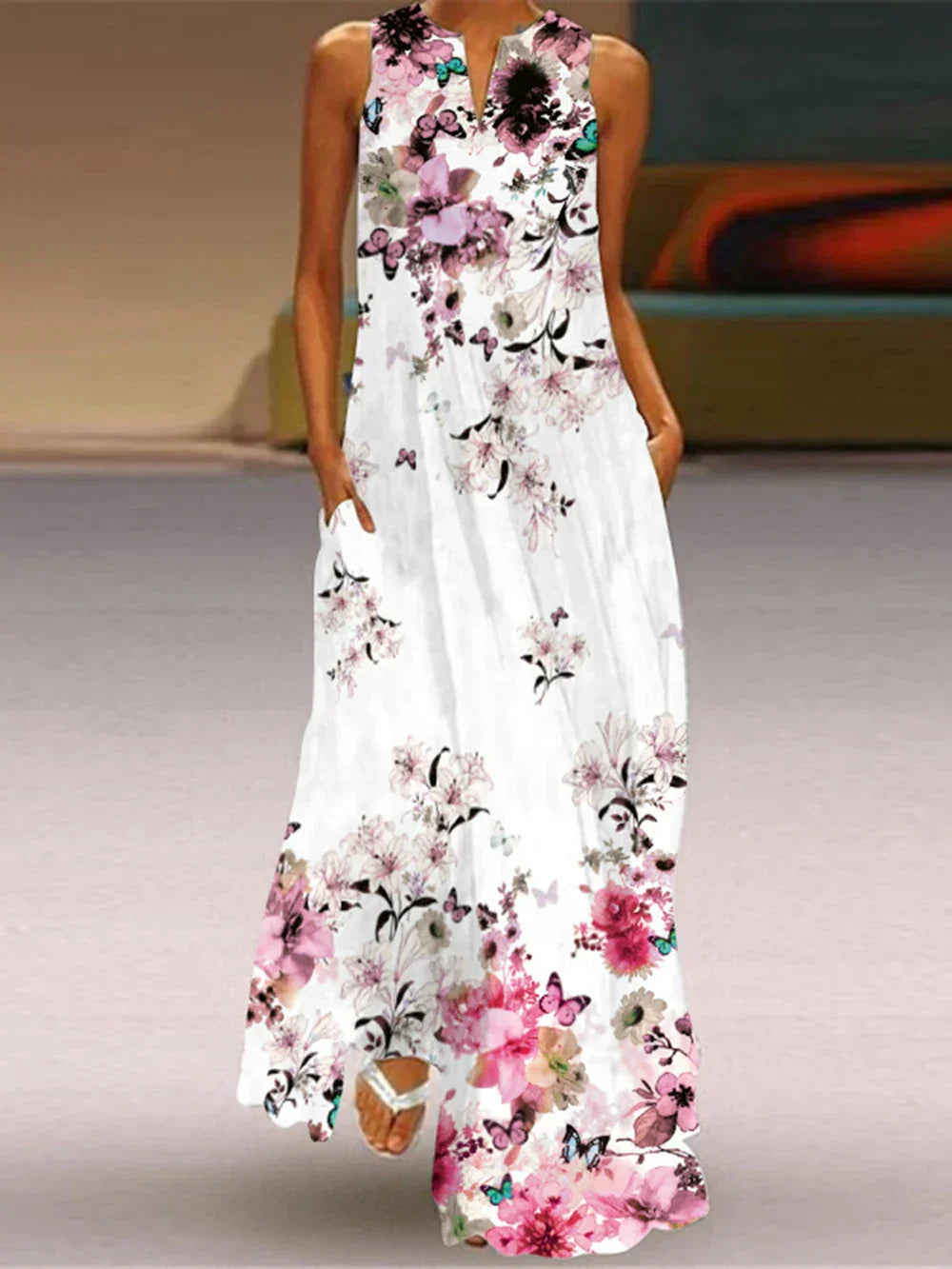 Ärmelloses Maxikleid mit Schmetterlingsdruck für Damen-Maxi Dress-Alpenkind