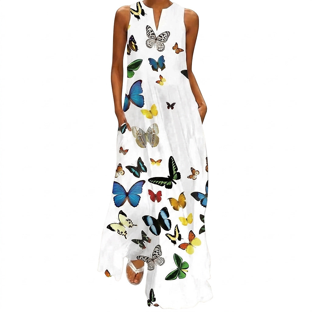 Ärmelloses Maxikleid mit Schmetterlingsdruck für Damen-Maxi Dress-Alpenkind