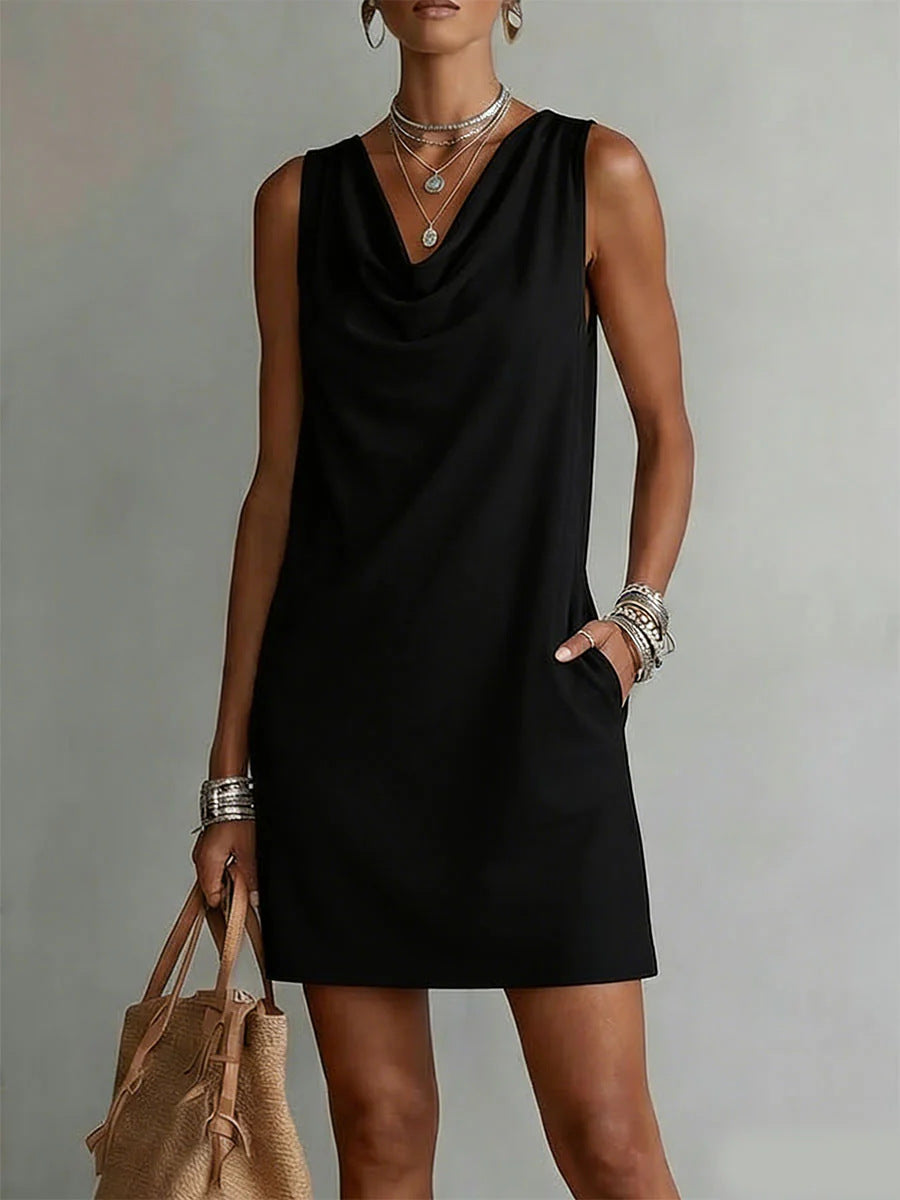 Ärmelloses Mini-Kleid für Damen mit Wasserfallausschnitt und Taschen-Mini Dress-Alpenkind
