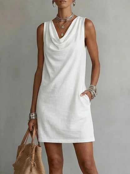 Ärmelloses Mini-Kleid für Damen mit Wasserfallausschnitt und Taschen-Mini Dress-Alpenkind