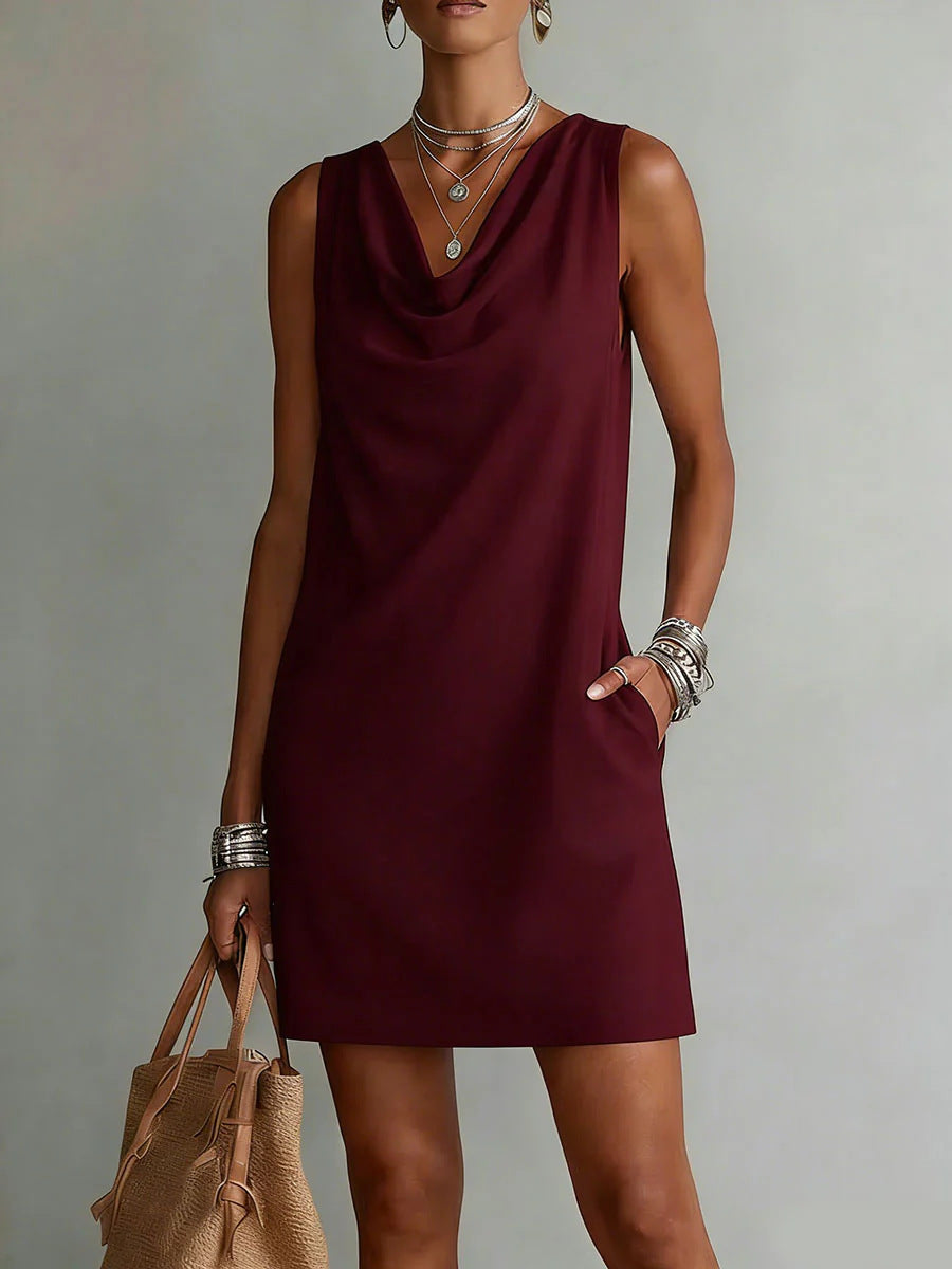 Ärmelloses Mini-Kleid für Damen mit Wasserfallausschnitt und Taschen-Mini Dress-Alpenkind