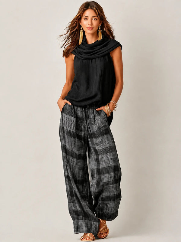 Ärmelloses Oberteil mit Wasserfall-Ausschnitt und karierte Hose mit weitem Bein für Damen-Sets for women-Alpenkind