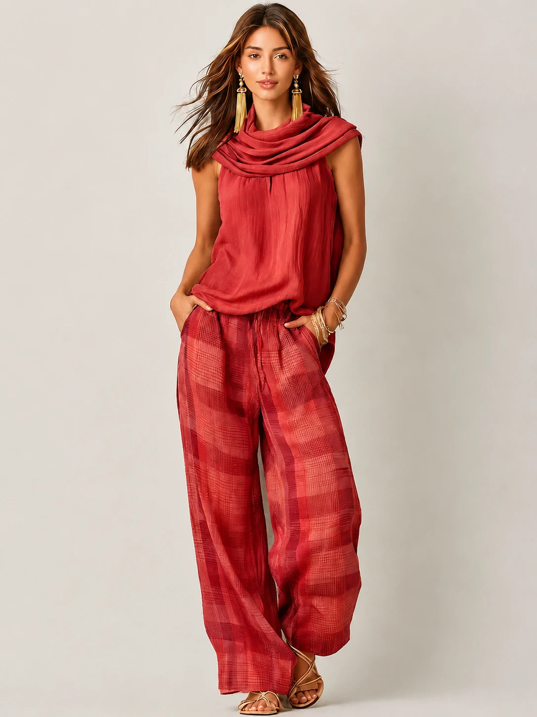 Ärmelloses Oberteil mit Wasserfall-Ausschnitt und karierte Hose mit weitem Bein für Damen-Sets for women-Alpenkind
