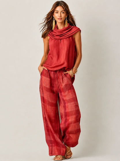 Ärmelloses Oberteil mit Wasserfall-Ausschnitt und karierte Hose mit weitem Bein für Damen-Sets for women-Alpenkind