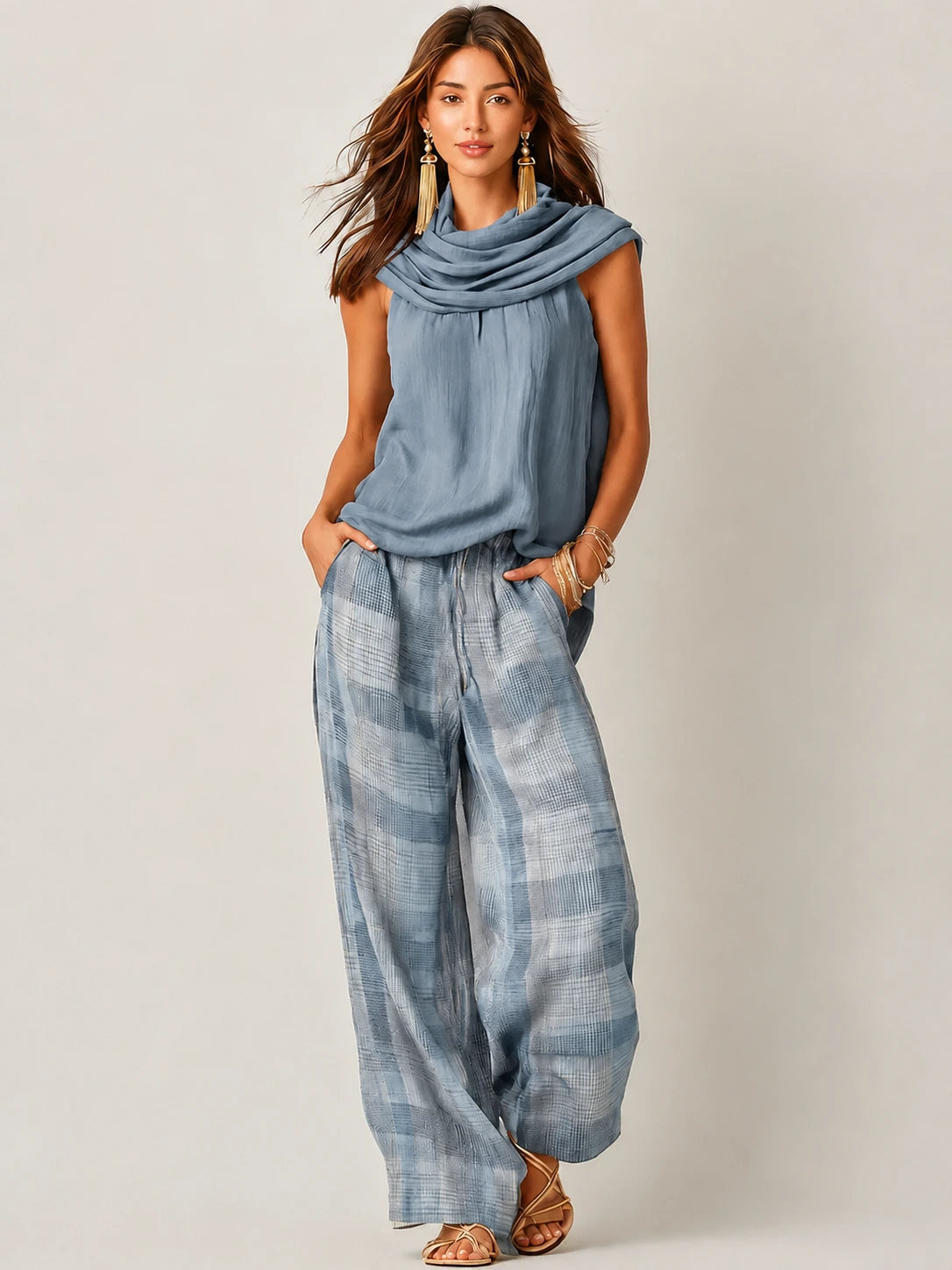 Ärmelloses Oberteil mit Wasserfall-Ausschnitt und karierte Hose mit weitem Bein für Damen-Sets for women-Alpenkind