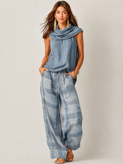 Ärmelloses Oberteil mit Wasserfall-Ausschnitt und karierte Hose mit weitem Bein für Damen-Sets for women-Alpenkind