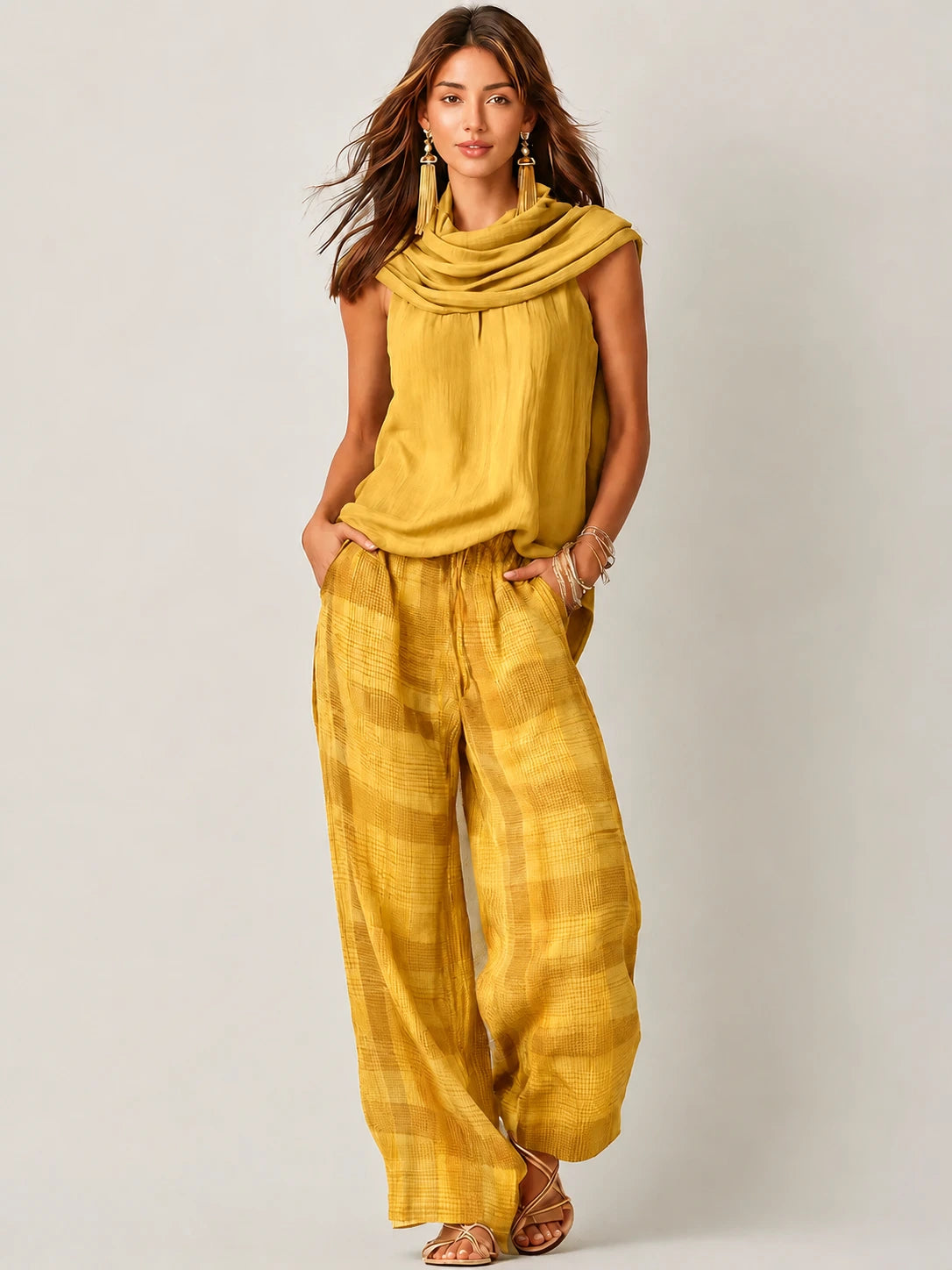 Ärmelloses Oberteil mit Wasserfall-Ausschnitt und karierte Hose mit weitem Bein für Damen-Sets for women-Alpenkind