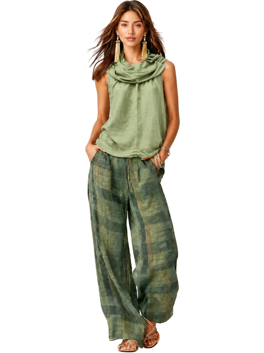 Ärmelloses Oberteil mit Wasserfall-Ausschnitt und karierte Hose mit weitem Bein für Damen-Sets for women-Alpenkind