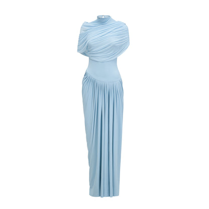 Asymmetrisches plissiertes Maxikleid für Damen-Maxi Dress-Alpenkind