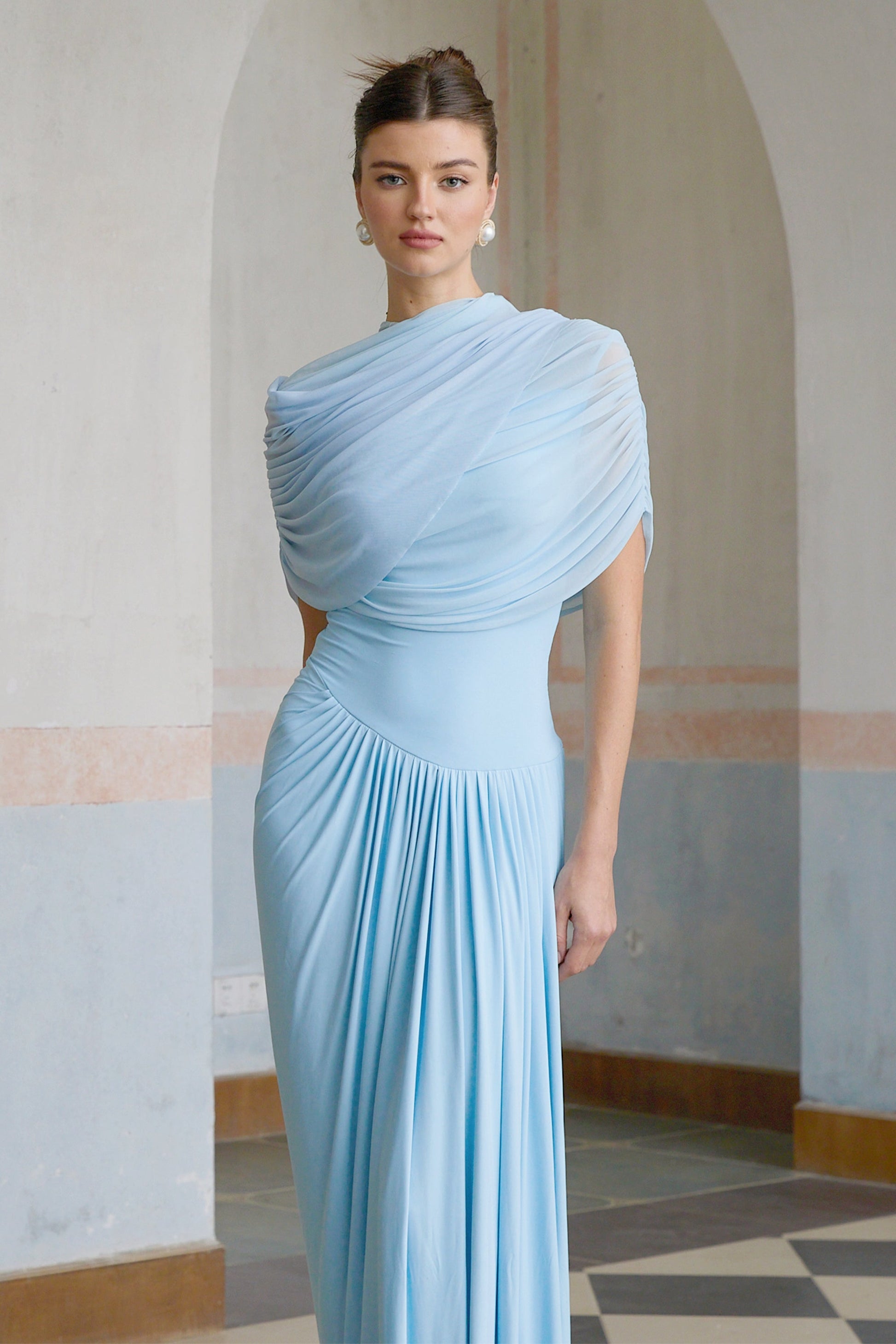 Asymmetrisches plissiertes Maxikleid für Damen-Maxi Dress-Alpenkind