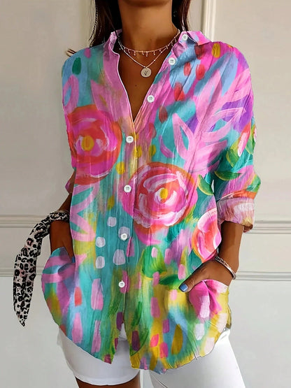 Bedruckte Damenbluse mit Knopfleiste und Vordertaschen-Shirts for women-Alpenkind
