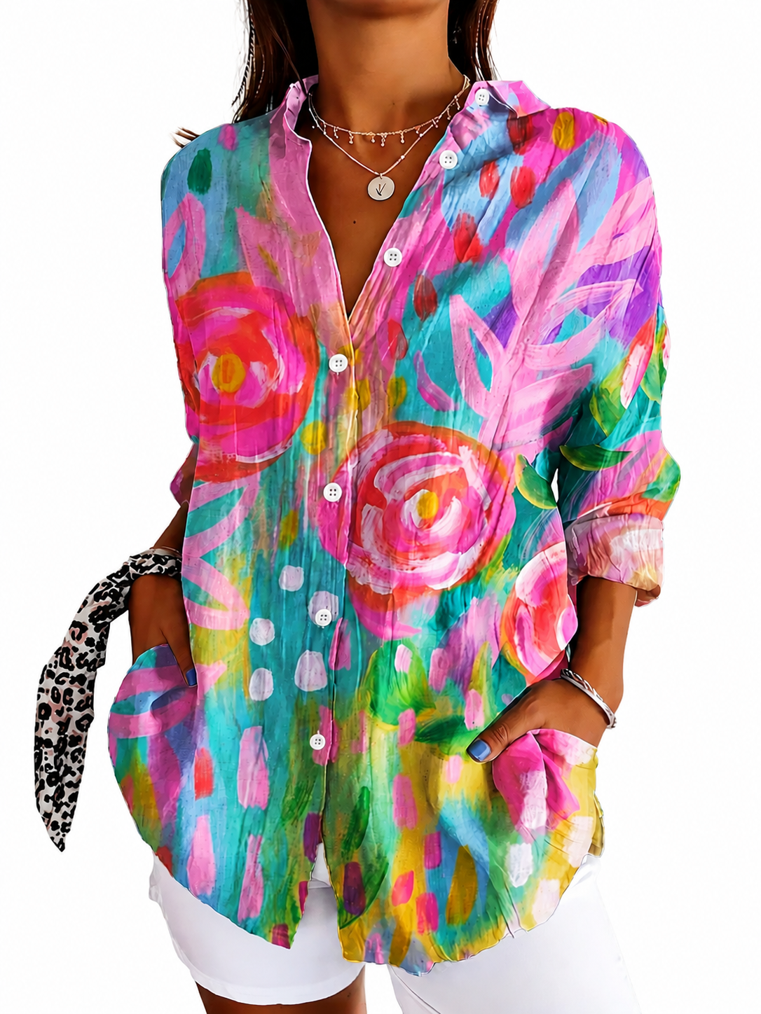 Bedruckte Damenbluse mit Knopfleiste und Vordertaschen-Shirts for women-Alpenkind