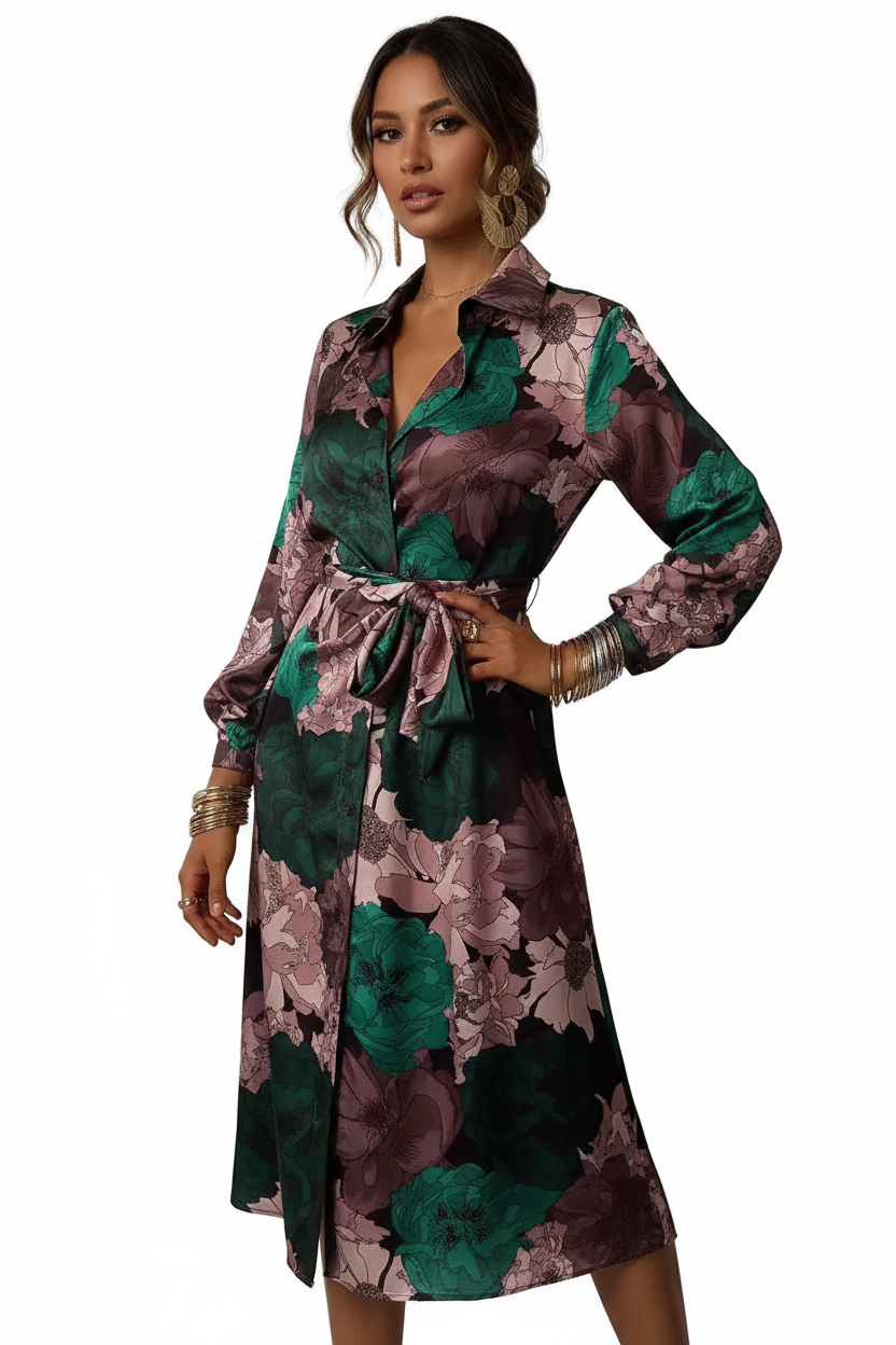 Bedrucktes Midikleid für Damen mit Kragenausschnitt-Midi Dress-Alpenkind