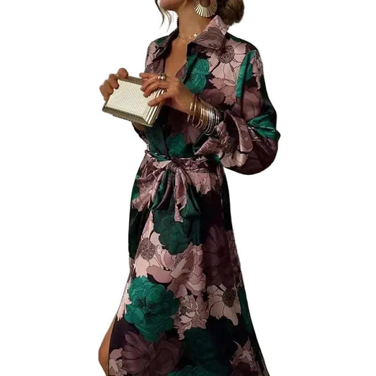 Bedrucktes Midikleid für Damen mit Kragenausschnitt-Women Dress-Alpenkind