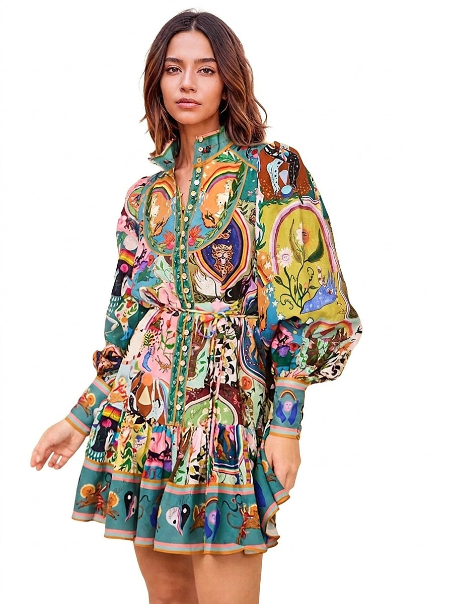 Bedrucktes Mini-Kleid mit langen Ärmeln für Damen-Mini Dress-Alpenkind