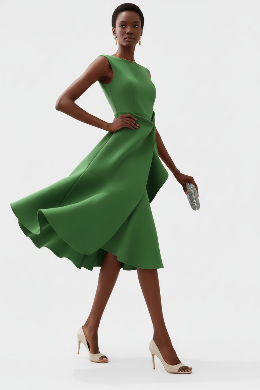 Damen Ärmelloses Midikleid mit Asymmetrischem Taillendetail und Ausgestelltem Saum-Midi Dress-Alpenkind