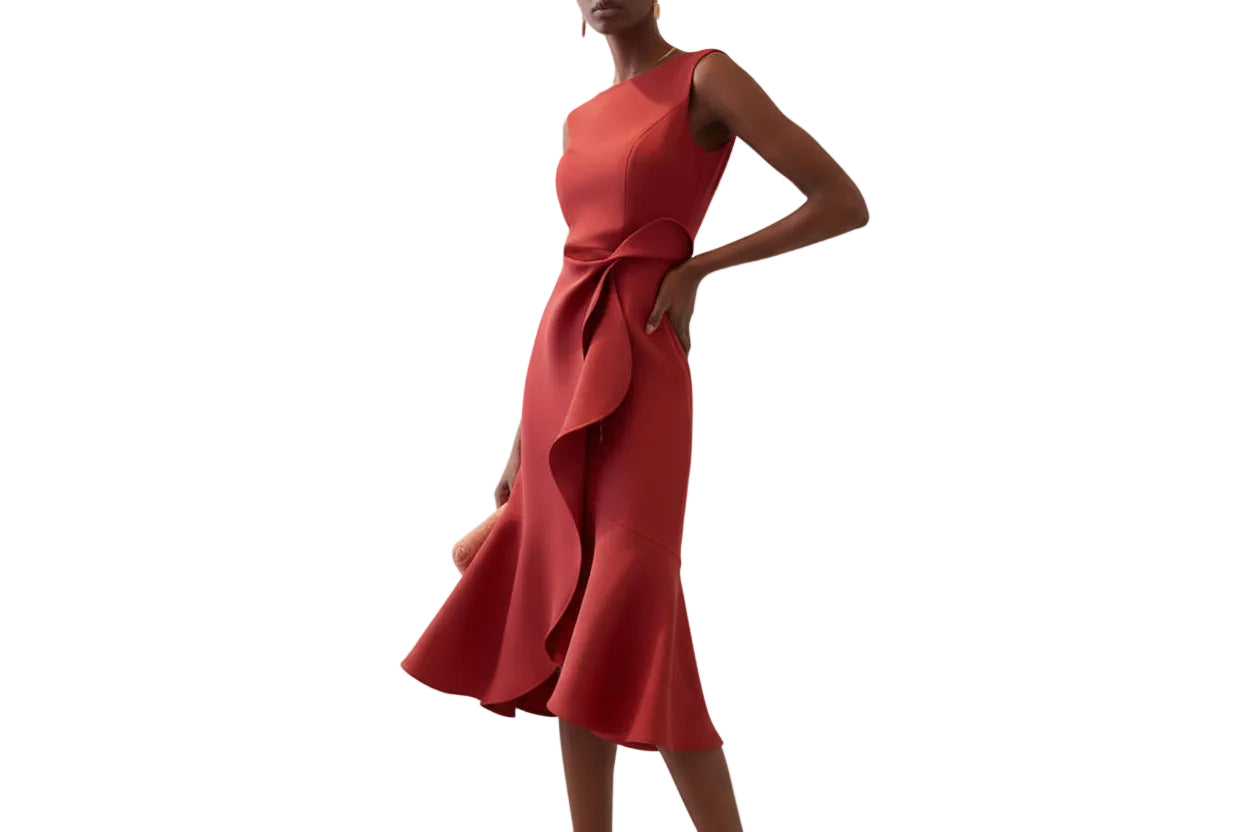 Damen Ärmelloses Midikleid mit Asymmetrischem Taillendetail und Ausgestelltem Saum-Midi Dress-Alpenkind
