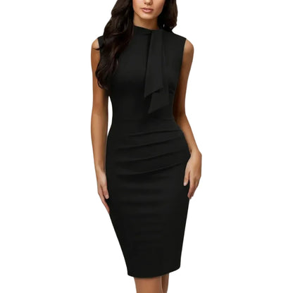 Damen Ärmelloses Midikleid mit Stehkragen und Drapiertem Vorderteil-Midi Dress-Alpenkind