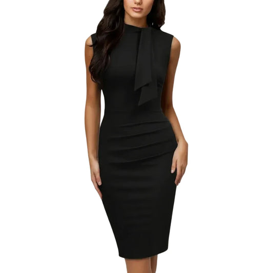 Damen Ärmelloses Midikleid mit Stehkragen und Drapiertem Vorderteil-Women Dress-Alpenkind