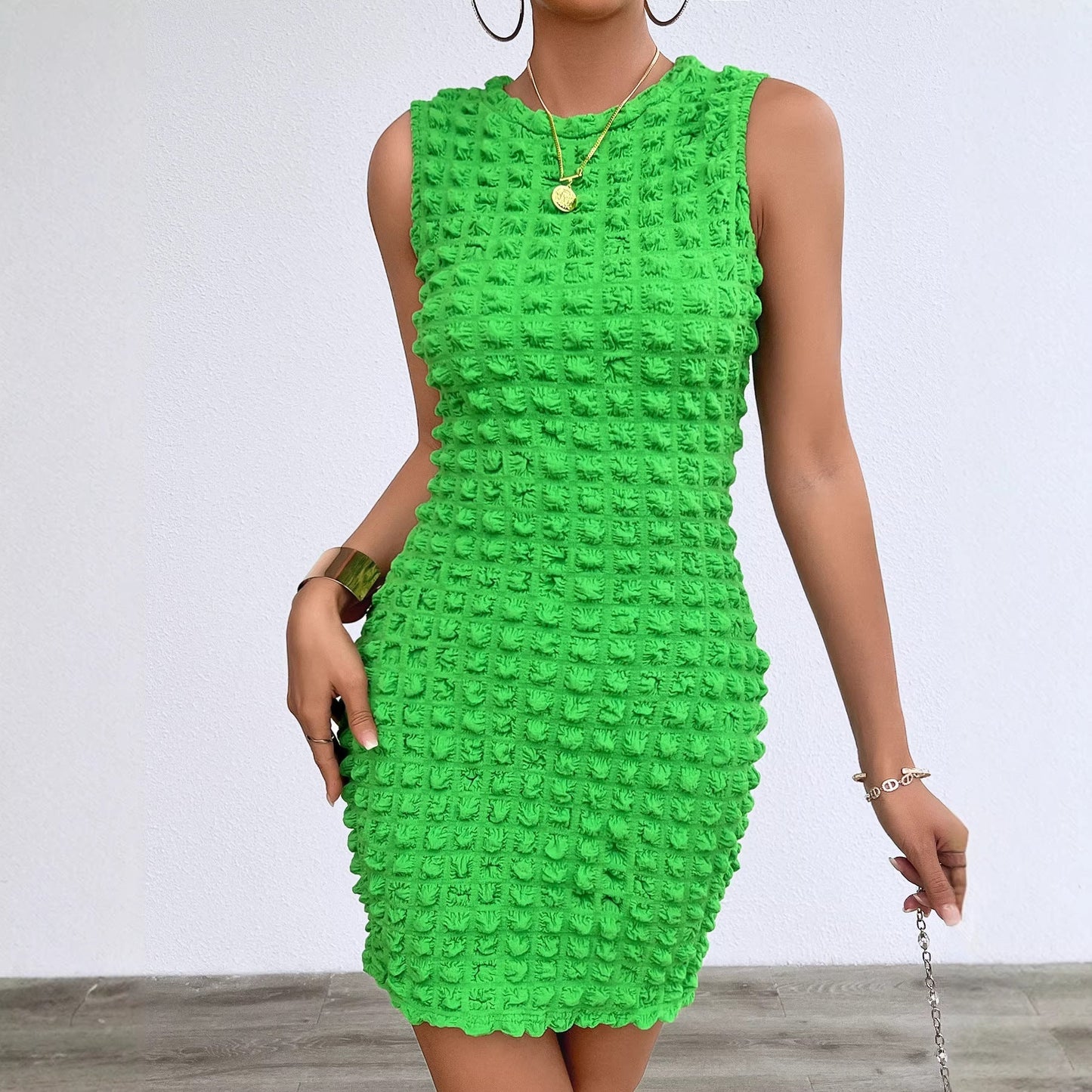 Damen Ärmelloses Minikleid mit strukturiertem Rastermuster und Rundhalsausschnitt