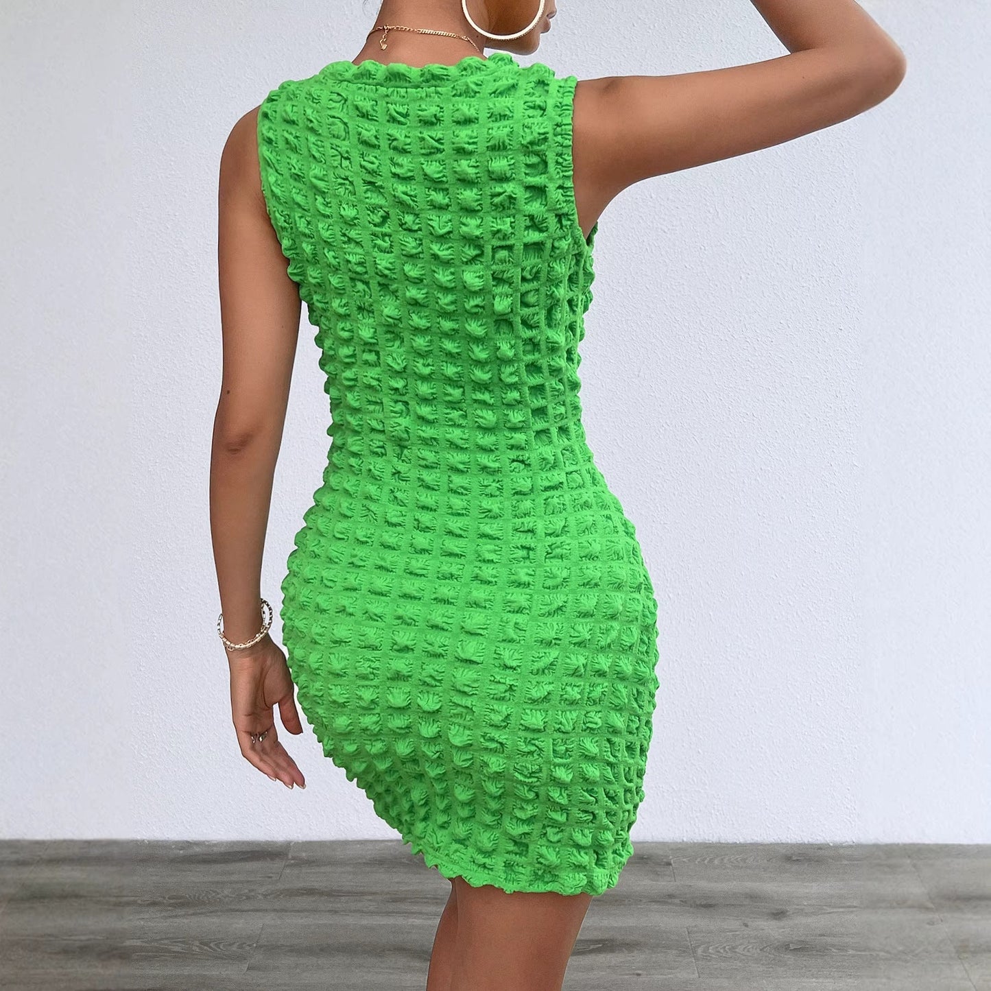 Damen Ärmelloses Minikleid mit strukturiertem Rastermuster und Rundhalsausschnitt