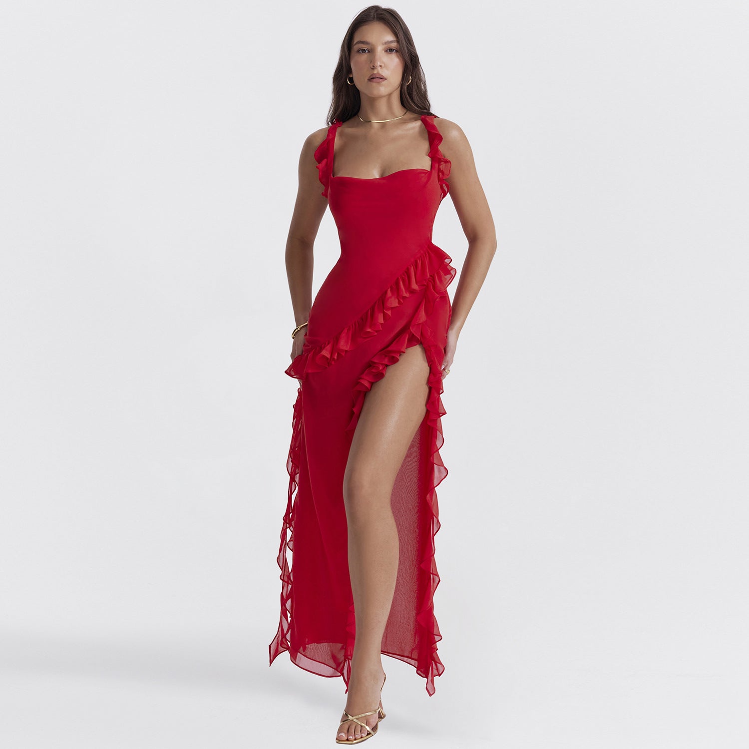 Damen Asymmetrisches Kleid mit Rüschenbesatz und eckigem Ausschnitt-Maxi Dress-Alpenkind