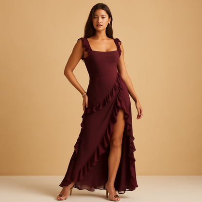 Damen Asymmetrisches Kleid mit Rüschenbesatz und eckigem Ausschnitt-Maxi Dress-Alpenkind