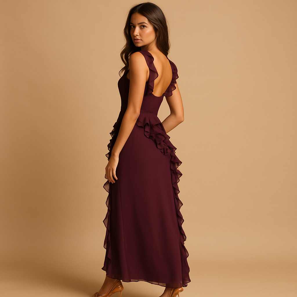 Damen Asymmetrisches Kleid mit Rüschenbesatz und eckigem Ausschnitt-Maxi Dress-Alpenkind