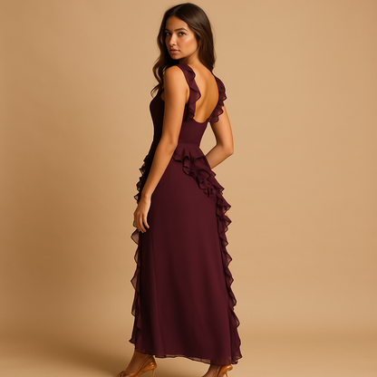 Damen Asymmetrisches Kleid mit Rüschenbesatz und eckigem Ausschnitt-Maxi Dress-Alpenkind