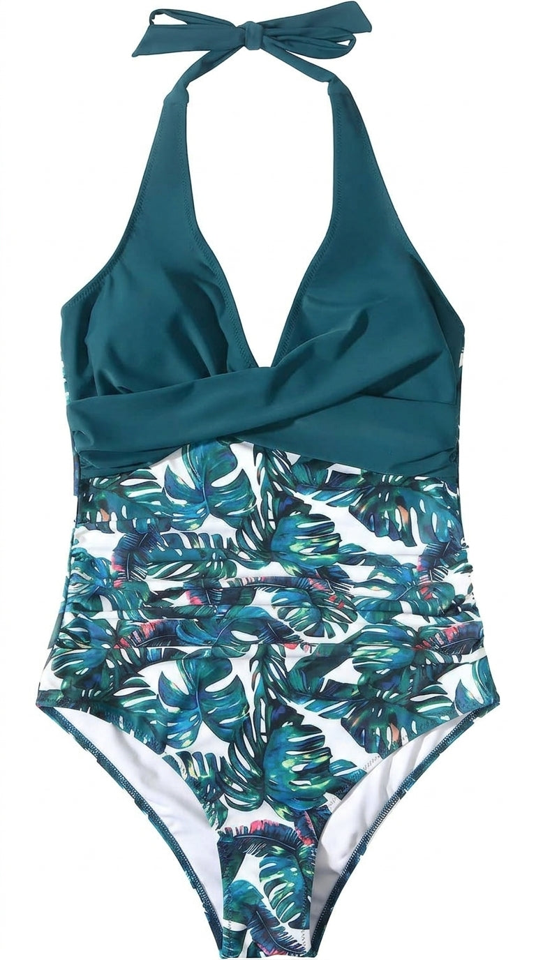 Damen-Badeanzug mit Nackenträger, V-Ausschnitt und Blattmuster-Swimwear for women-Alpenkind
