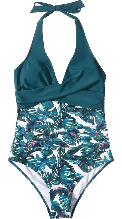Damen-Badeanzug mit Nackenträger, V-Ausschnitt und Blattmuster-Swimwear for women-Alpenkind