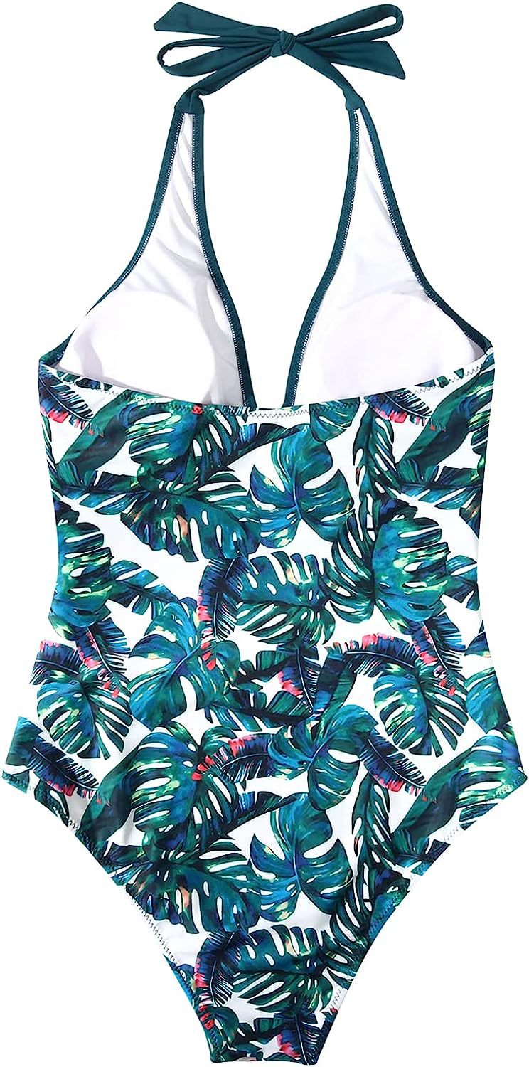 Damen-Badeanzug mit Nackenträger, V-Ausschnitt und Blattmuster-Swimwear for women-Alpenkind
