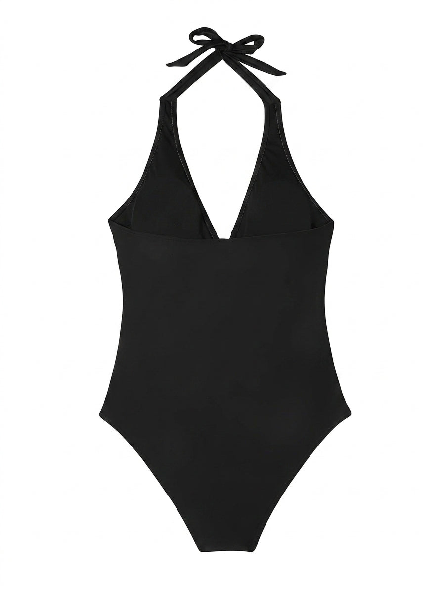 Damen-Badeanzug mit Nackenträger, V-Ausschnitt und Blattmuster-Swimwear for women-Alpenkind