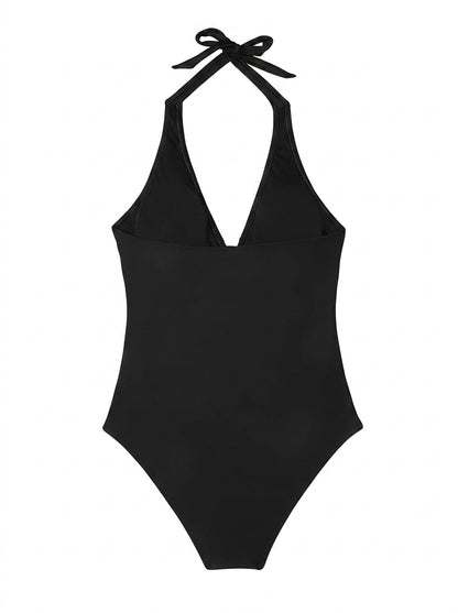 Damen-Badeanzug mit Nackenträger, V-Ausschnitt und Blattmuster-Swimwear for women-Alpenkind