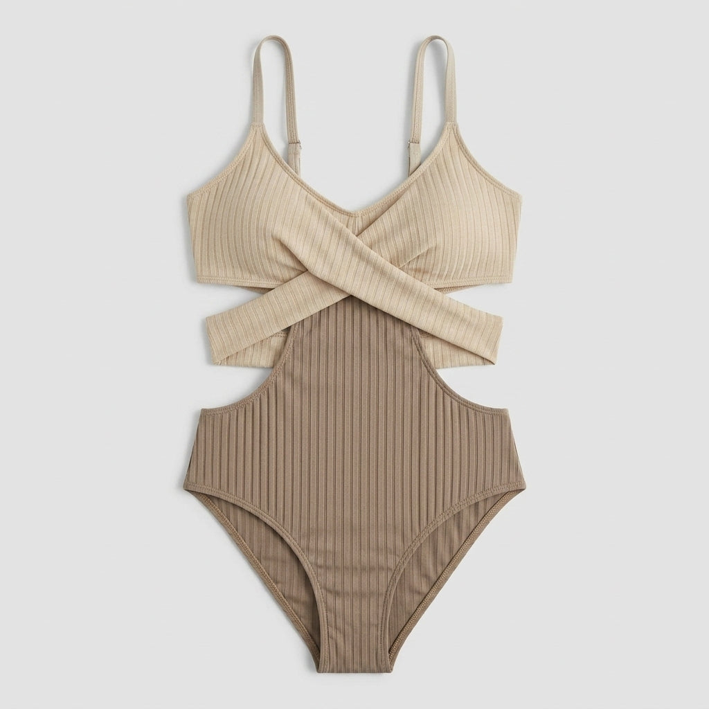 Damen-Badeanzug mit Rippenstruktur, Cut-Out-Details und Wickel-Taille-Swimwear for women-Alpenkind