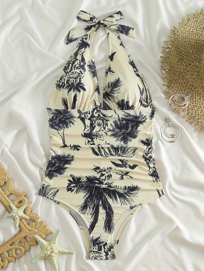 Damen-Badeanzug mit V-Ausschnitt, Neckholder und Palmenmuster-Swimwear for women-Alpenkind