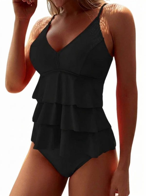 Damen-Badeanzug mit V-Ausschnitt, Spaghettiträgern und dreilagigen Rüschen-Swimwear for women-Alpenkind