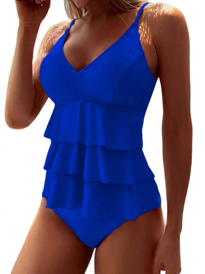 Damen-Badeanzug mit V-Ausschnitt, Spaghettiträgern und dreilagigen Rüschen-Swimwear for women-Alpenkind