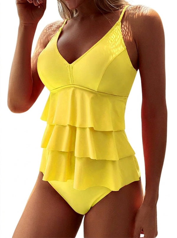 Damen-Badeanzug mit V-Ausschnitt, Spaghettiträgern und dreilagigen Rüschen-Swimwear for women-Alpenkind