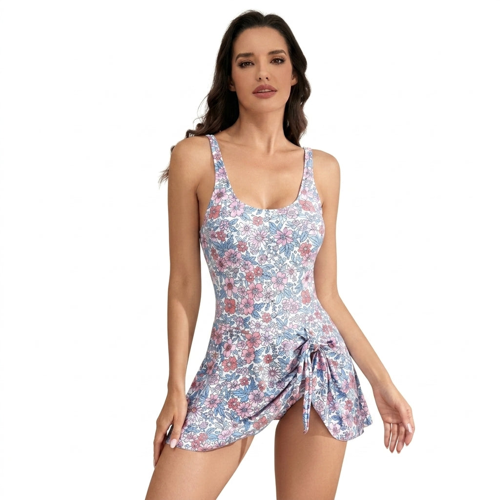 Damen-Badekleid mit floralem Muster und seitlichem Knotendetail-Swimwear for women-Alpenkind