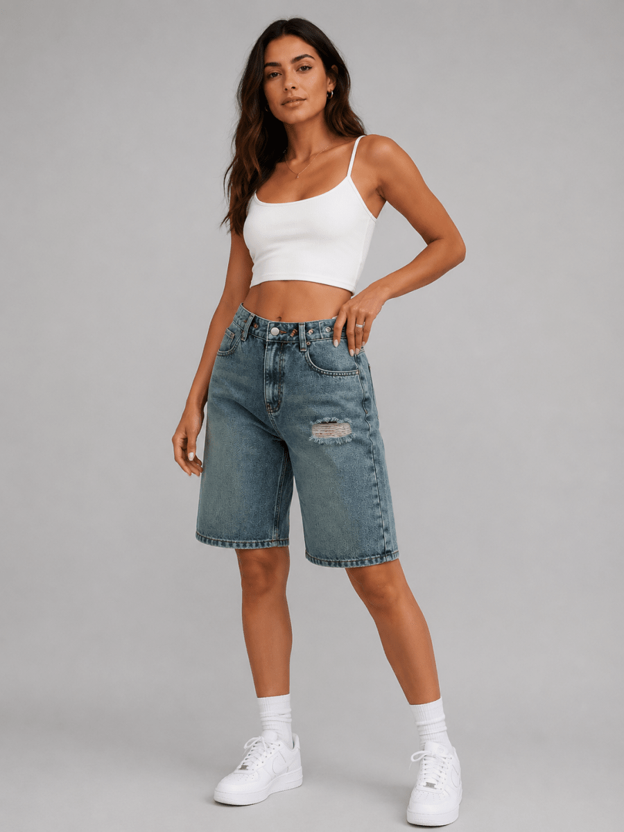 Damen Bermuda-Jeansshorts mit hoher Taille-Shorts for women-Alpenkind