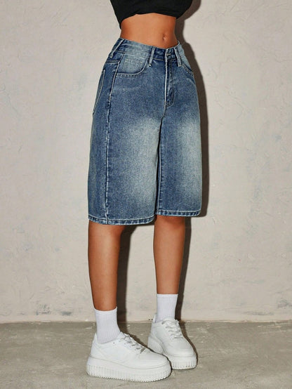 Damen Bermuda-Shorts aus Denim mit hoher Taille-Shorts for women-Alpenkind